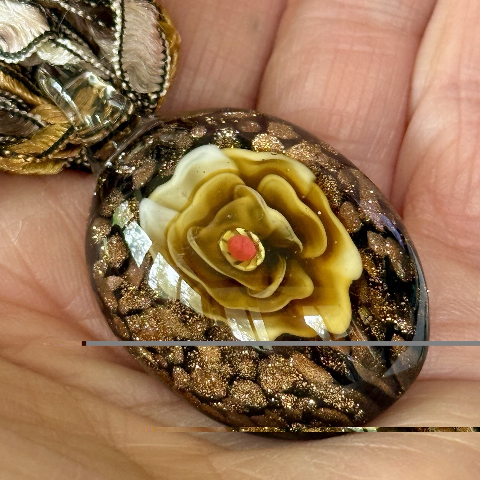 Vtg Artisan Lampwork Glass Rose Pendant Ribbon Yarn Necklace Boho Statement D