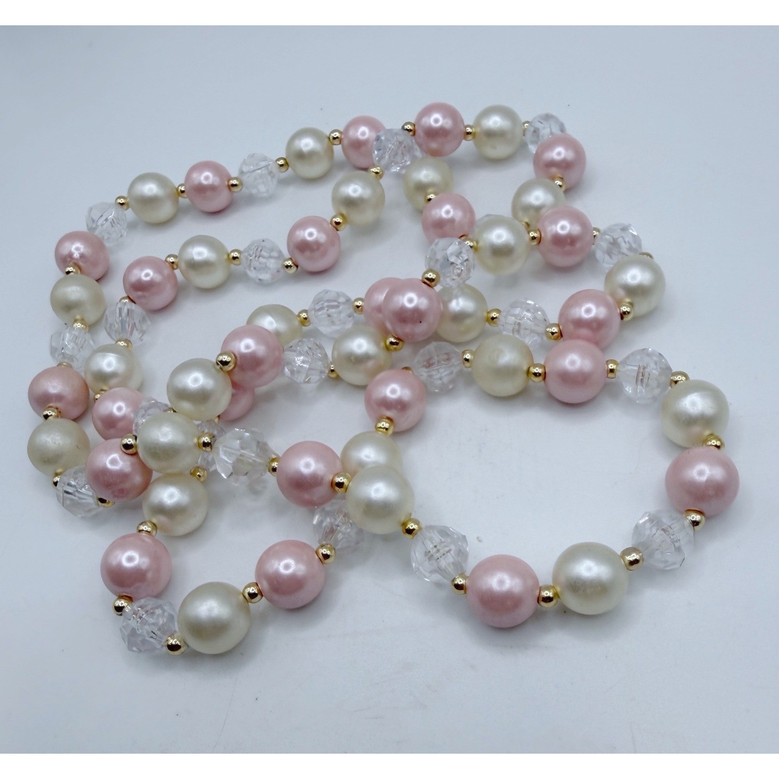 32″ Long Vintage Pastel Pearl Necklace Pink White Crystal Beads Spring Easter