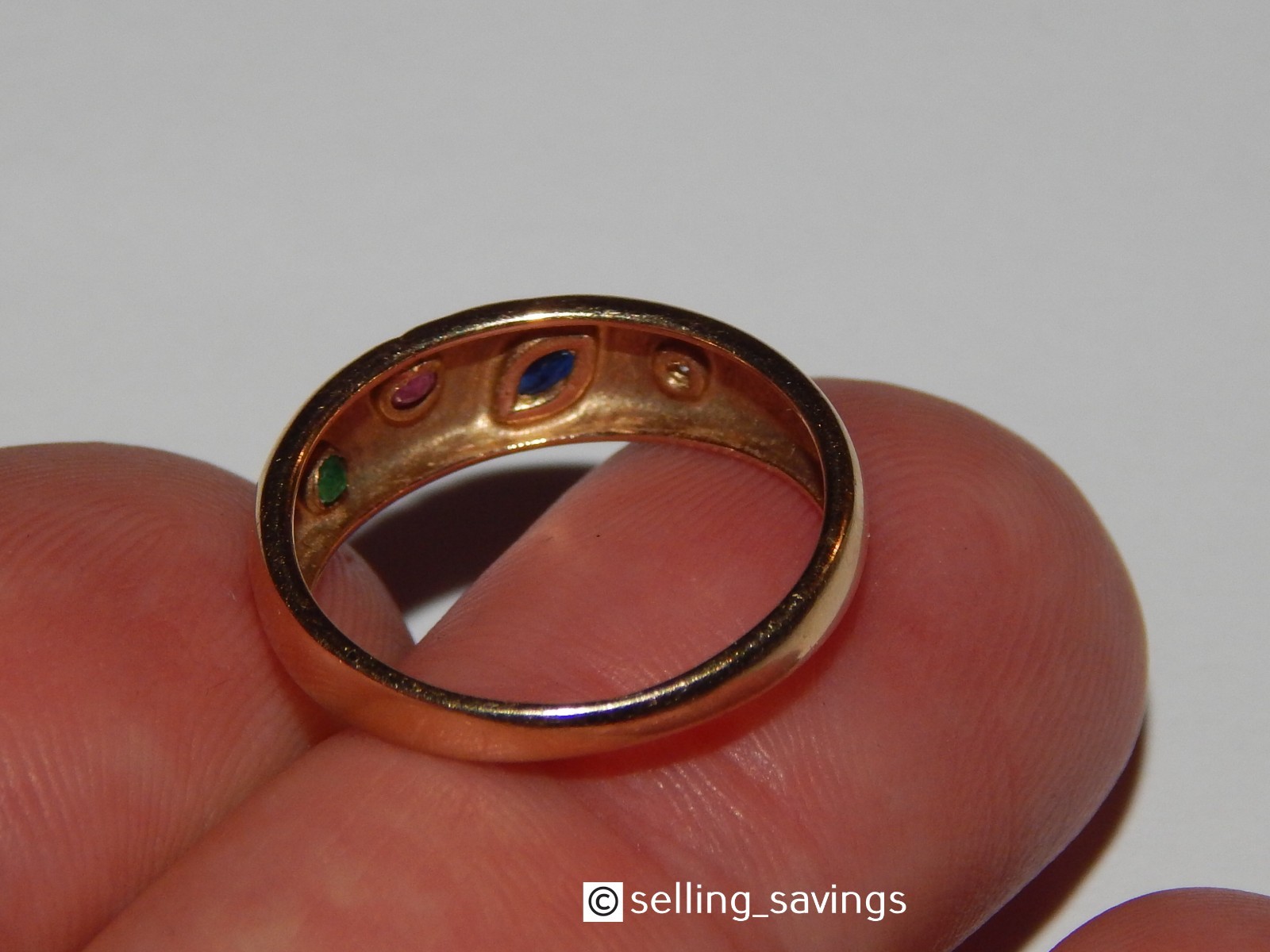 14K YELLOW GOLD RUBY EMERALD SAPPHIRE DIAMOND GYPSY SET 1/4 INCH WIDE BAND RING