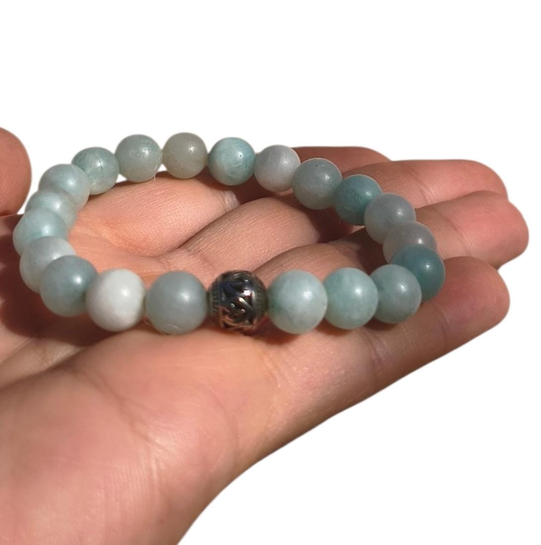 VTG Natural Amazonite Gemstone Bracelet Healing Beads Elastic Silver Women Gift