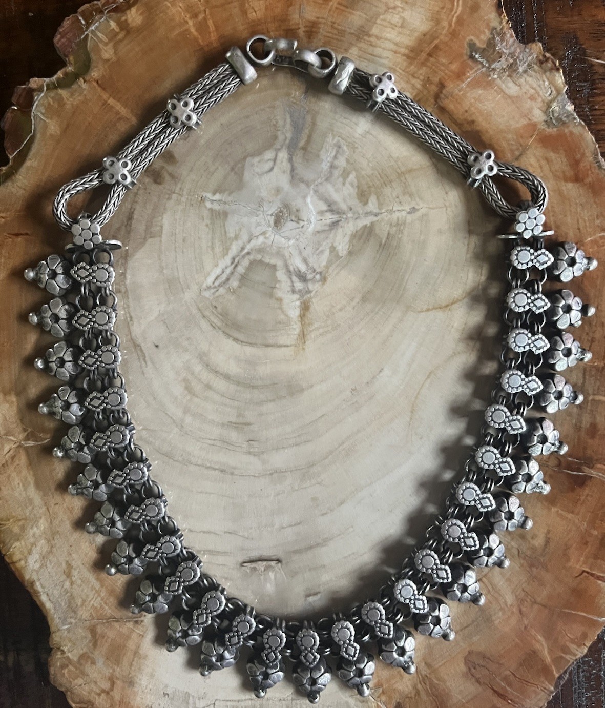 Heavy Handmade Sterling Silver Floral Bib/Collar Foxtail Wheat Link Necklace