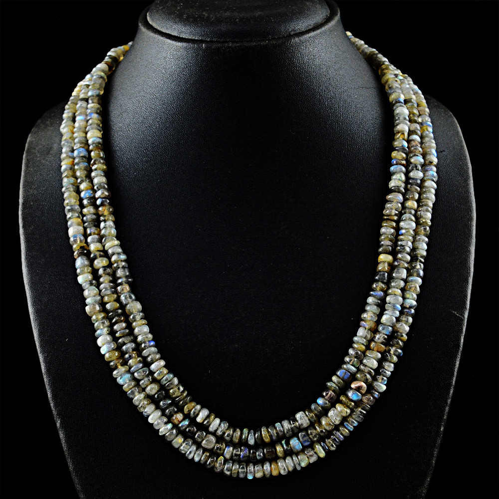 465.00 Cts Natural 3 Strand Blue Flash Labradorite Round Beads Necklace (DG)