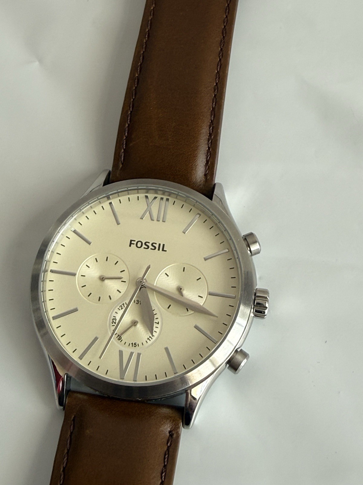 Men’s Fossil Fenmore Brown All Stainless Steel Watch w/Ivory Dial Needs Battery