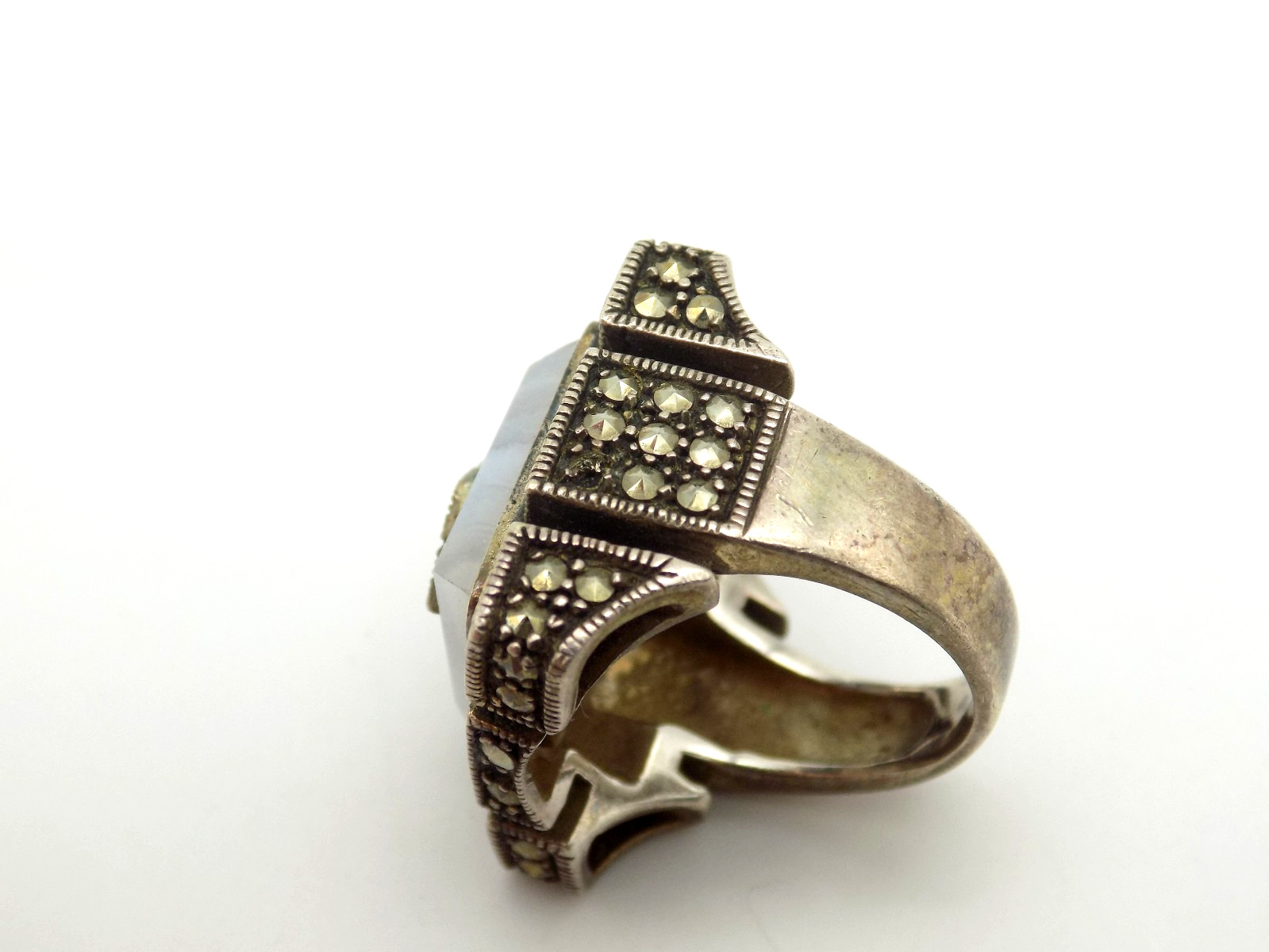 Art Deco Inspired Sterling Silver Blue Lace Agate Marcasite Ring Sz 6 Signed MLD