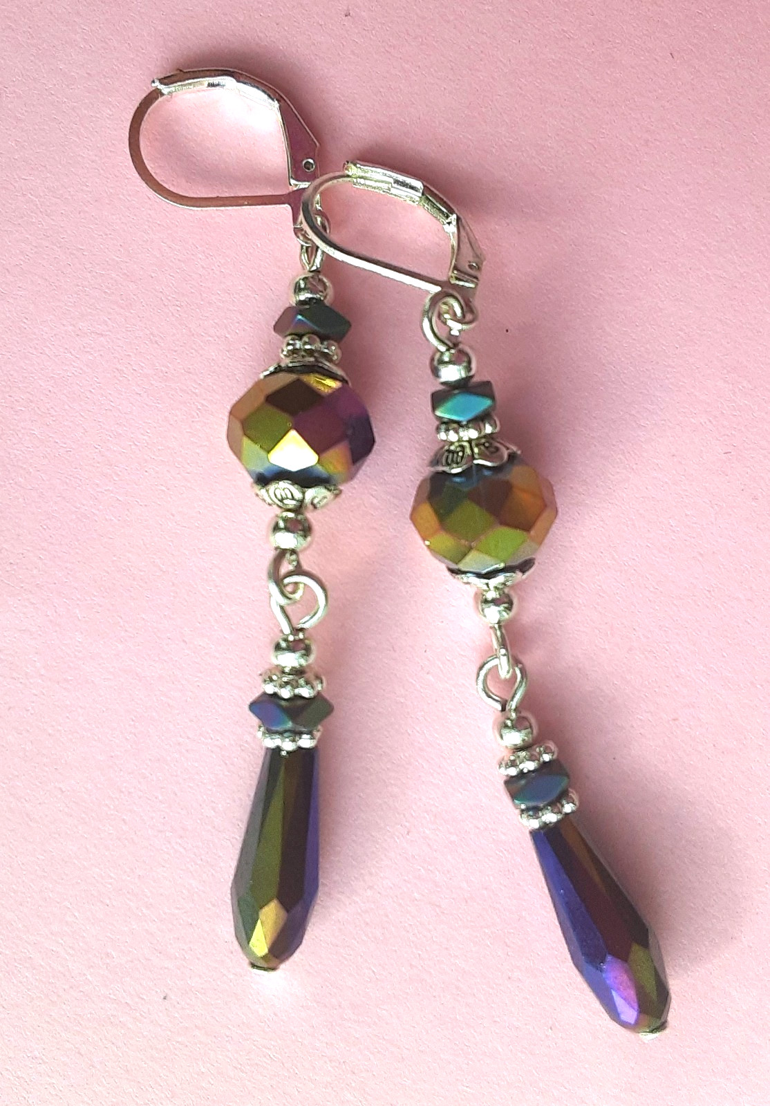 RAINBOW Crystal dangle earring SP LEVERBACK handmade #DMX