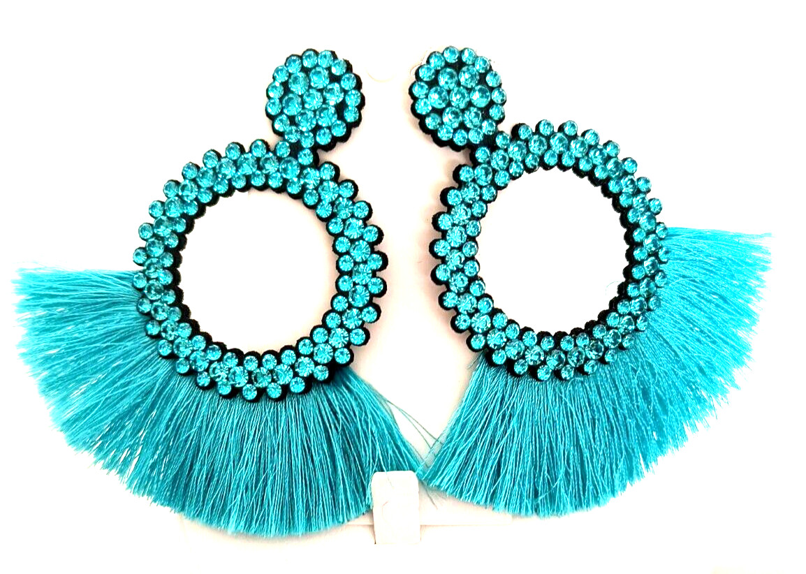 New Fashion Jewelry Dangle/ Drop Earrings Aqua Fringe Crystals Appx 3.5 inx3 in