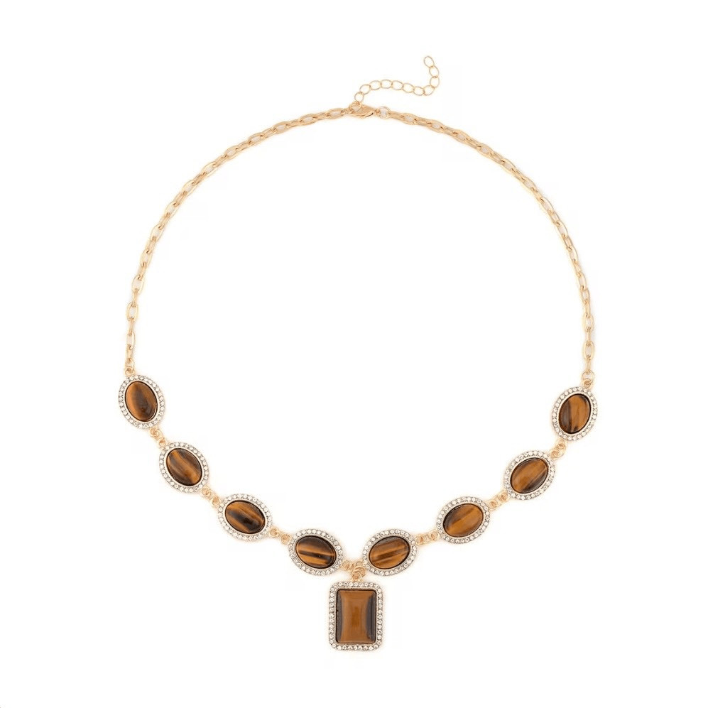 Yellow Tiger’s Eye and White Austrian Crystal Adjustable Necklace 90.00 ctw New
