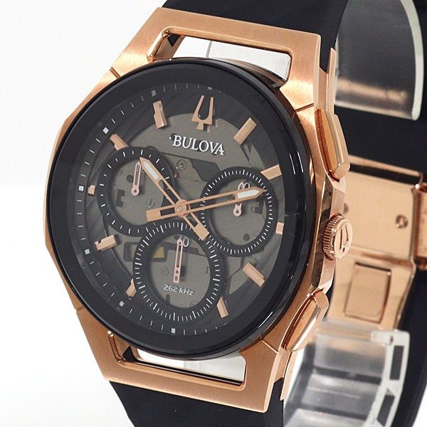 BULOVA Curv 98A185 Quartz Chronograph Mens Watch Silicone Rubber SS