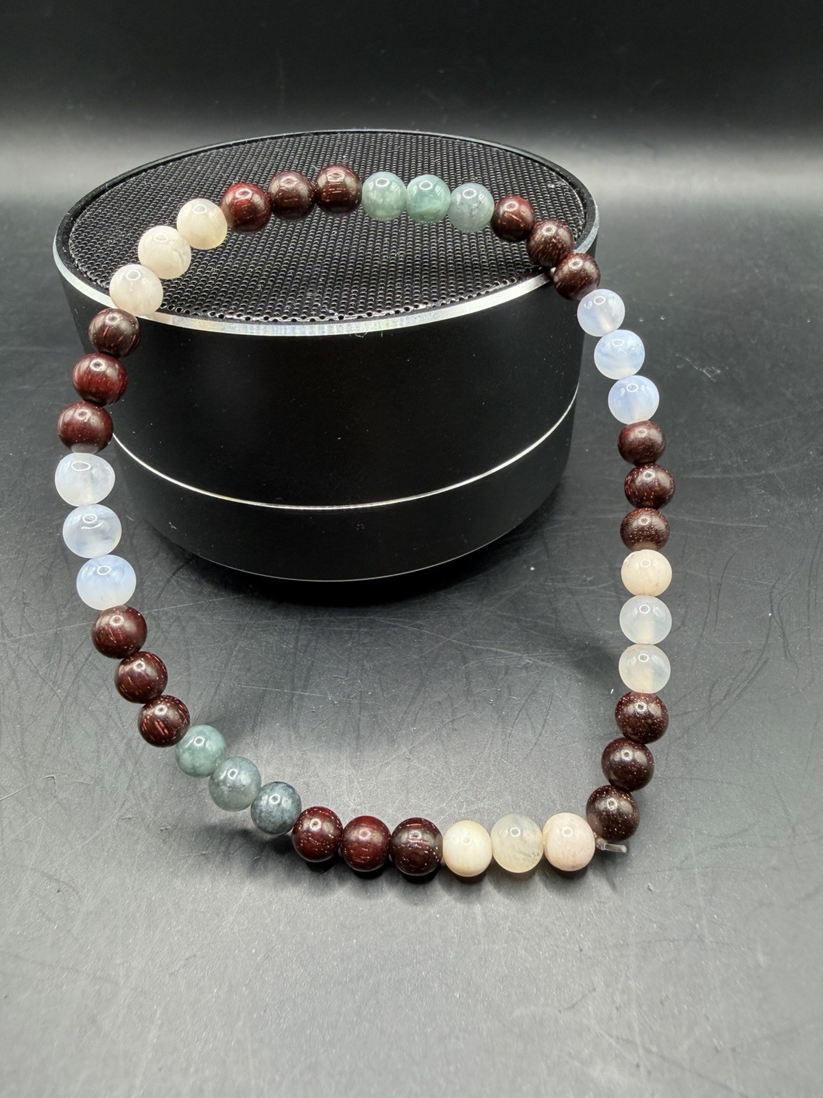 Beaded Bracelet with Blue Water Jade, Pink Flower Agate, and Sandalwood Beads