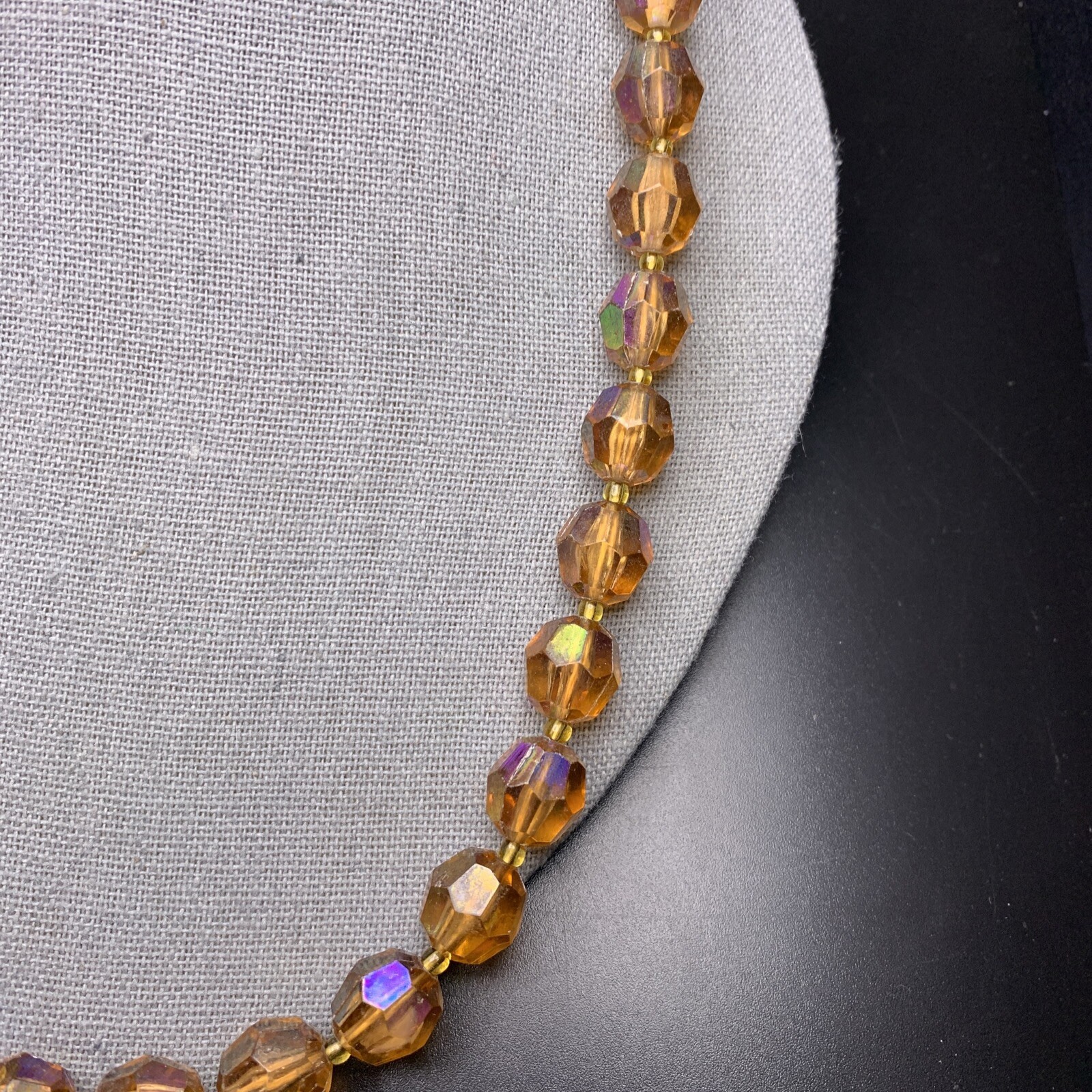 Honey Amber Tone Acrylic Bead Necklace Aurora Borealis AB Coated Beaded Vintage