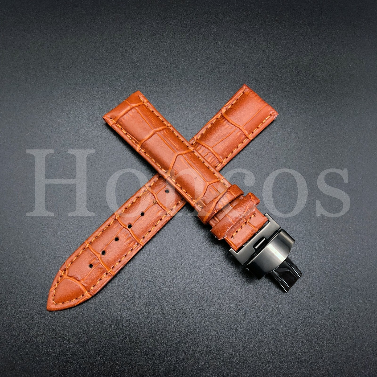 22mm Brown Genuine Leather Watch Band with Black Push Button Deployant Clasp
