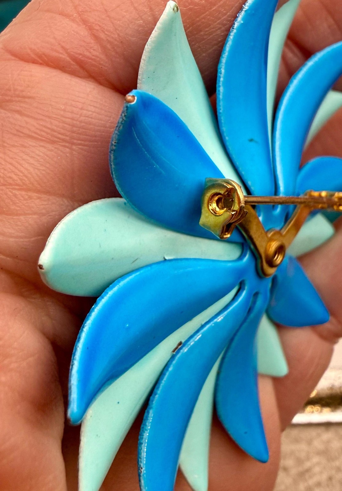 Vintage Enamel Daisy Brooch, Turquoise Cobalt Mod Floral Pin