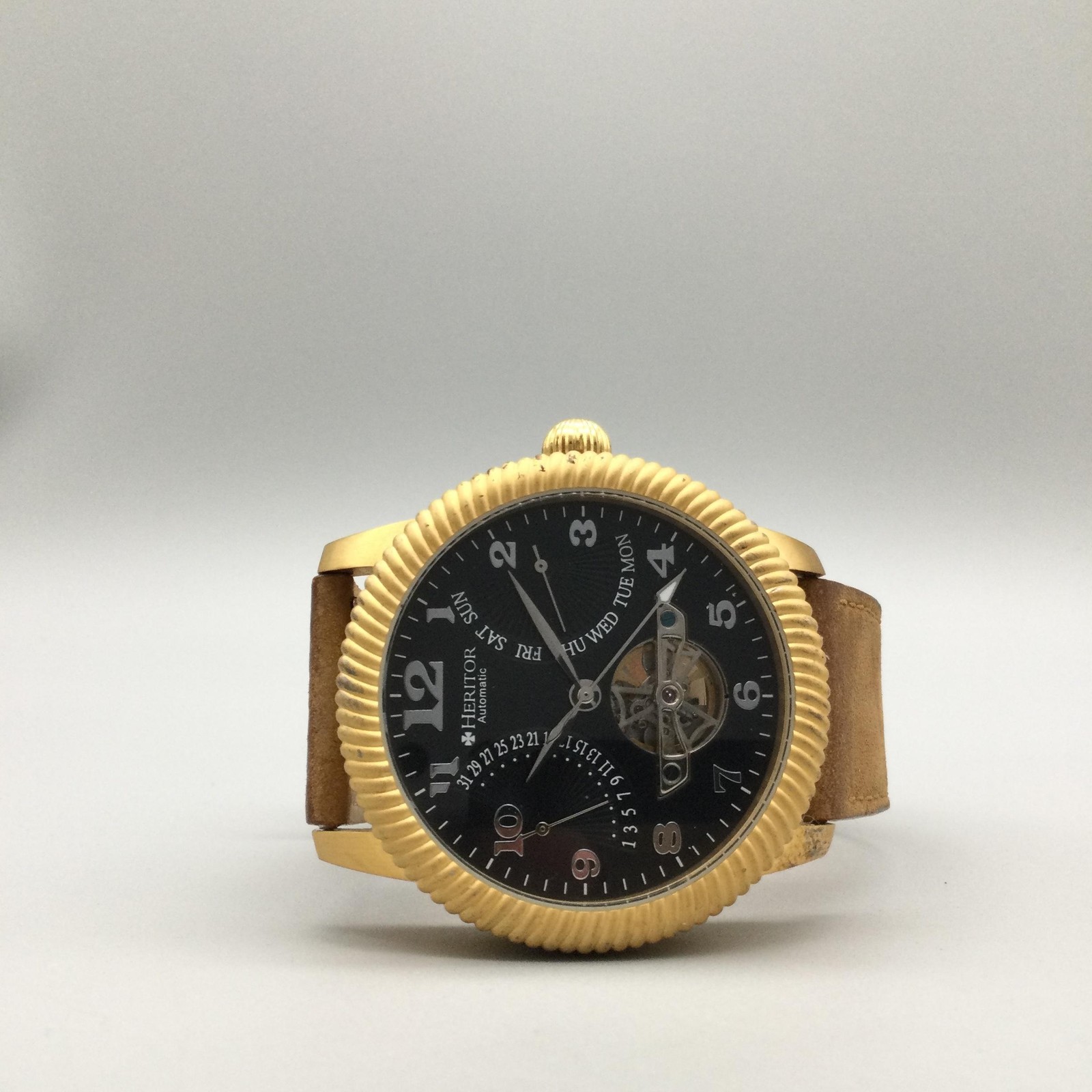 Heritor Mens Watch 45mm Gold Tone Black Dial Brown Leather Automatic Day Date