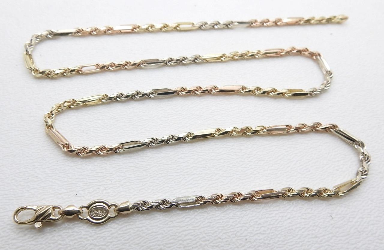 14K Tri Multi Gold Yellow White Rose Figarope Chain Necklace 20.1 Grams 22″ Inch