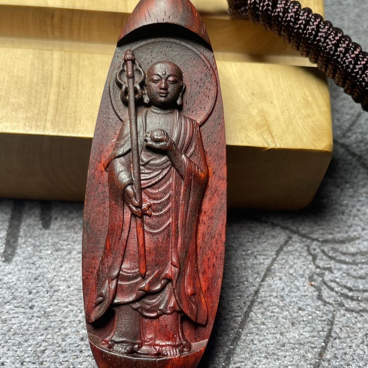 Red Sandalwood Ksitigarbha Pendant 0.98×2.76×0.39in Buddha Necklace Charm