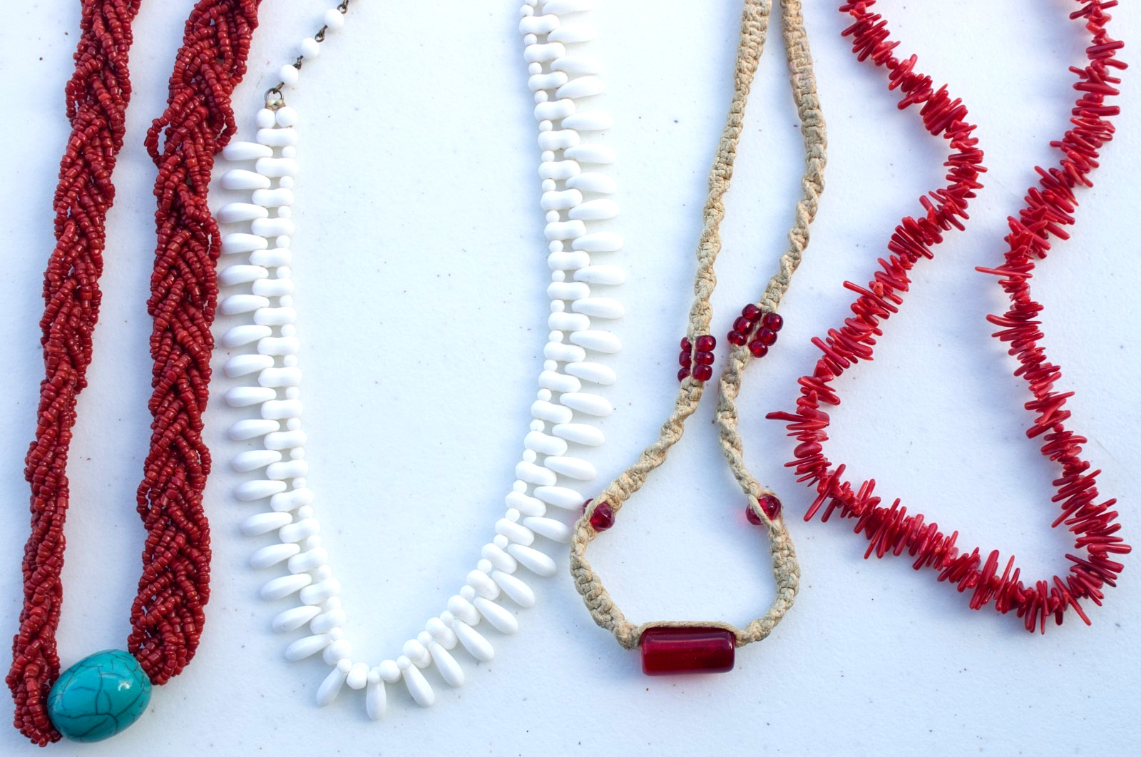 Lot of 4 Barn Red and White Glass Bead necklaces