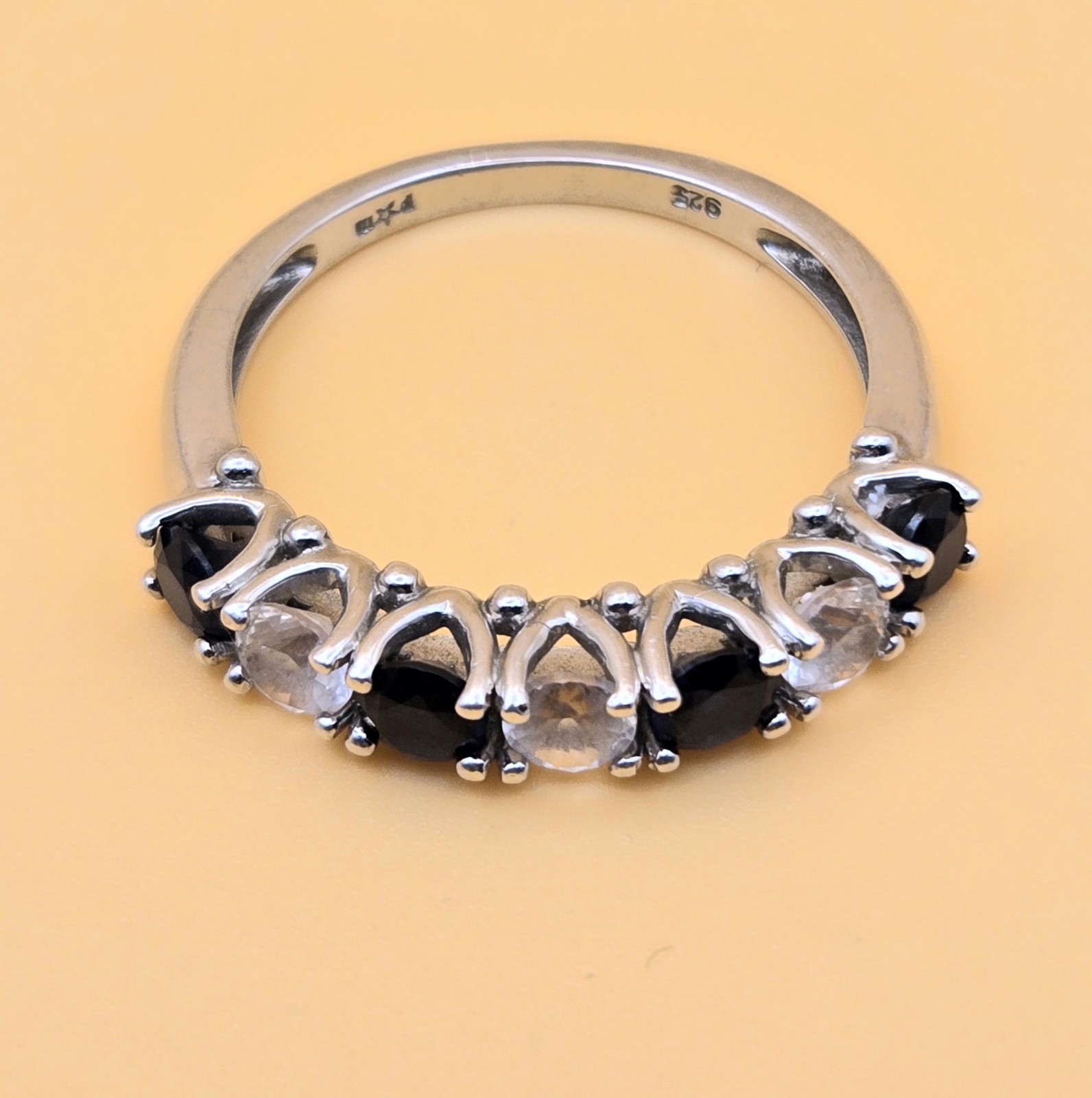 Simulated Sapphire And Clear Crystal Stamped Sterling Silver 925 Ring Size 7