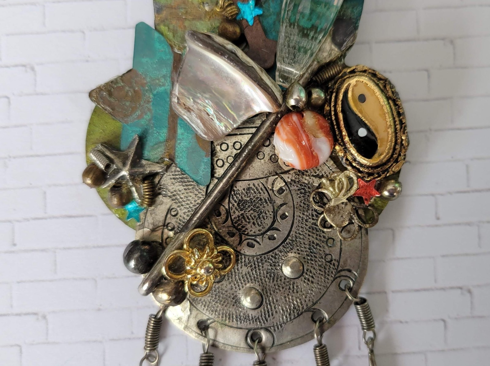 Vintage Artisan Handcrafted Abstract Design Mixed Media Pin Brooch