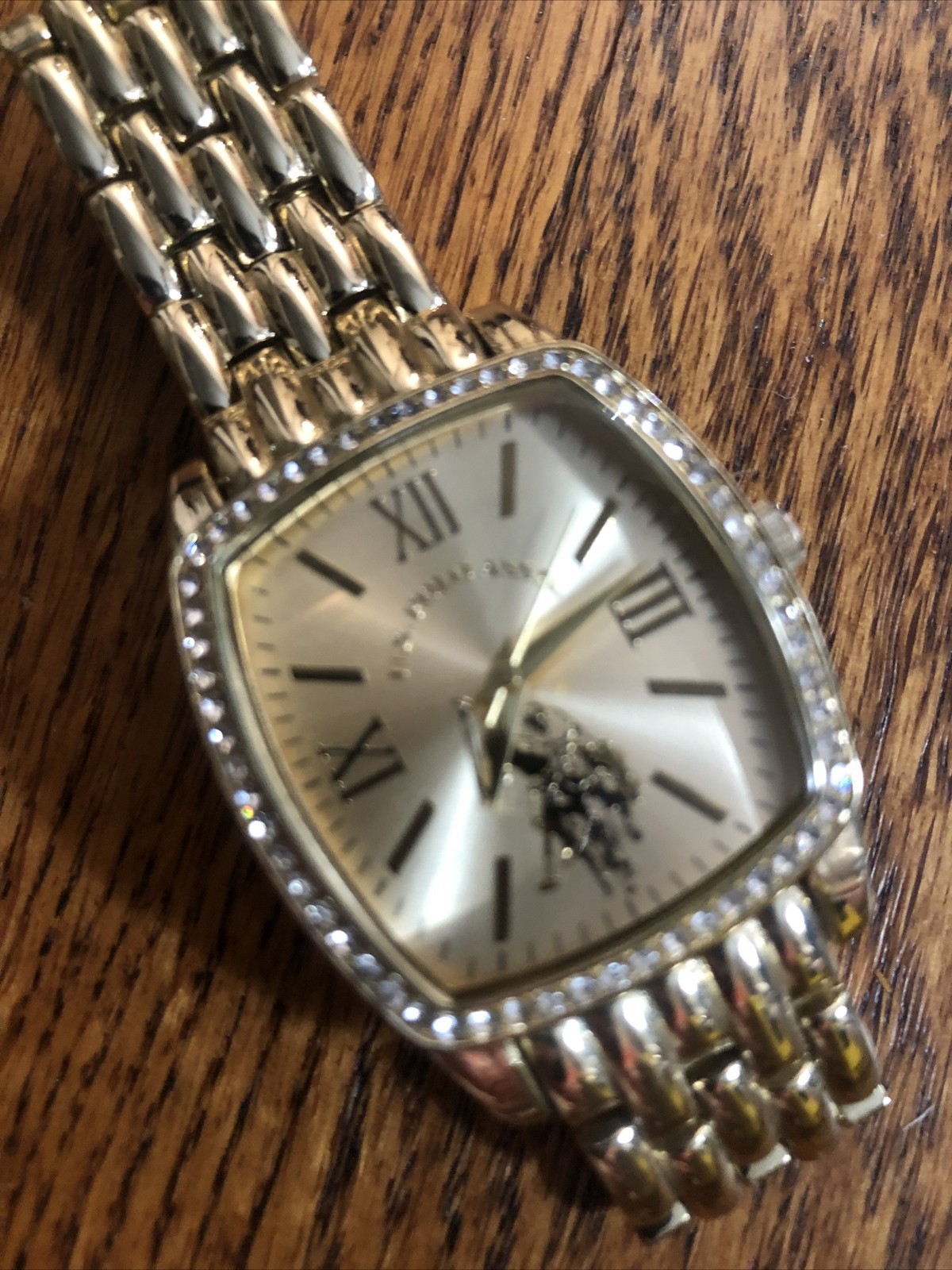 U.S. Polo Assn Gold Watch With Rhinestones 1.25” X 1.25” Frame Needs Battery