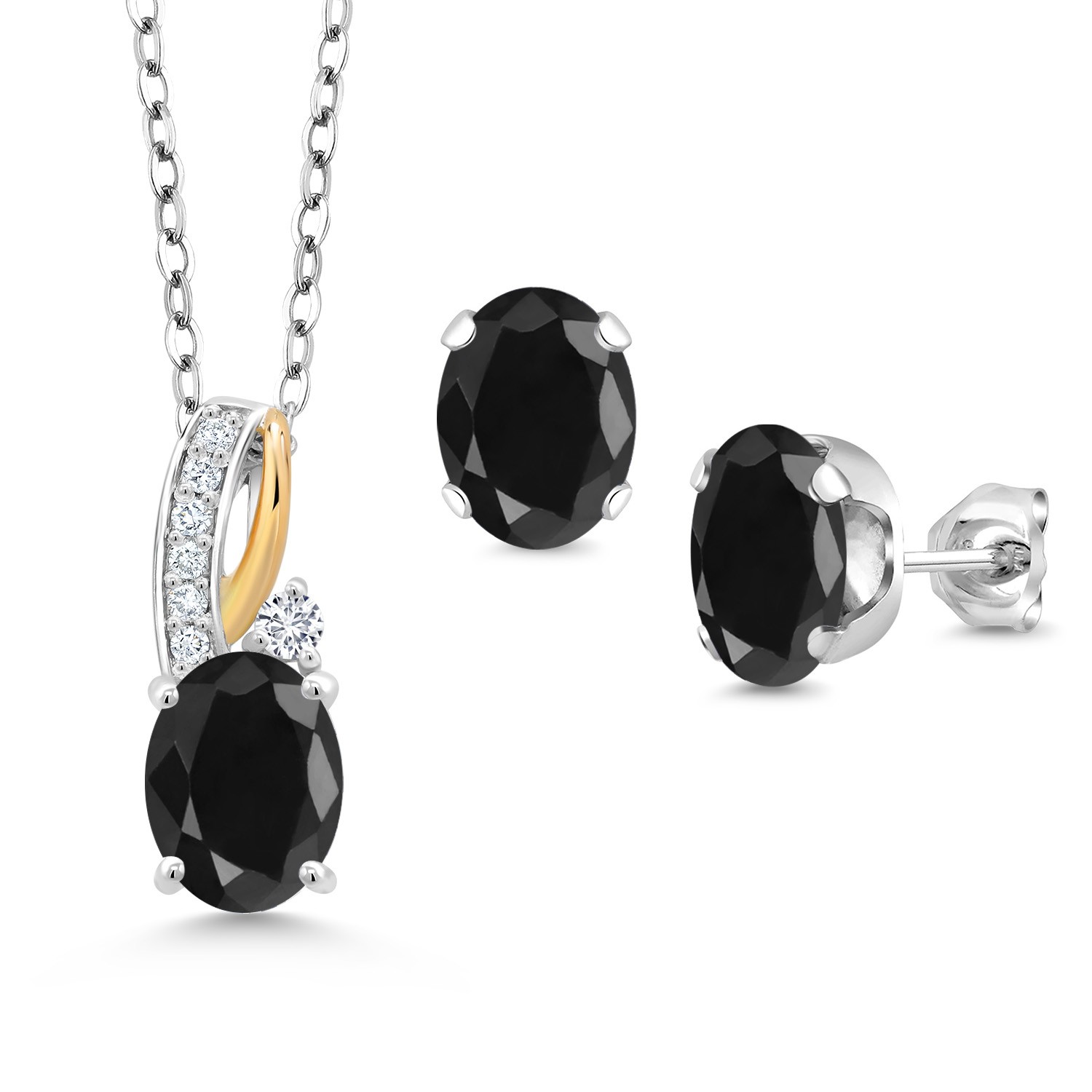 5.07 Ct Black Sapphire E-F Lab Grown Diamond 925 Silver and 10K Yellow Gold