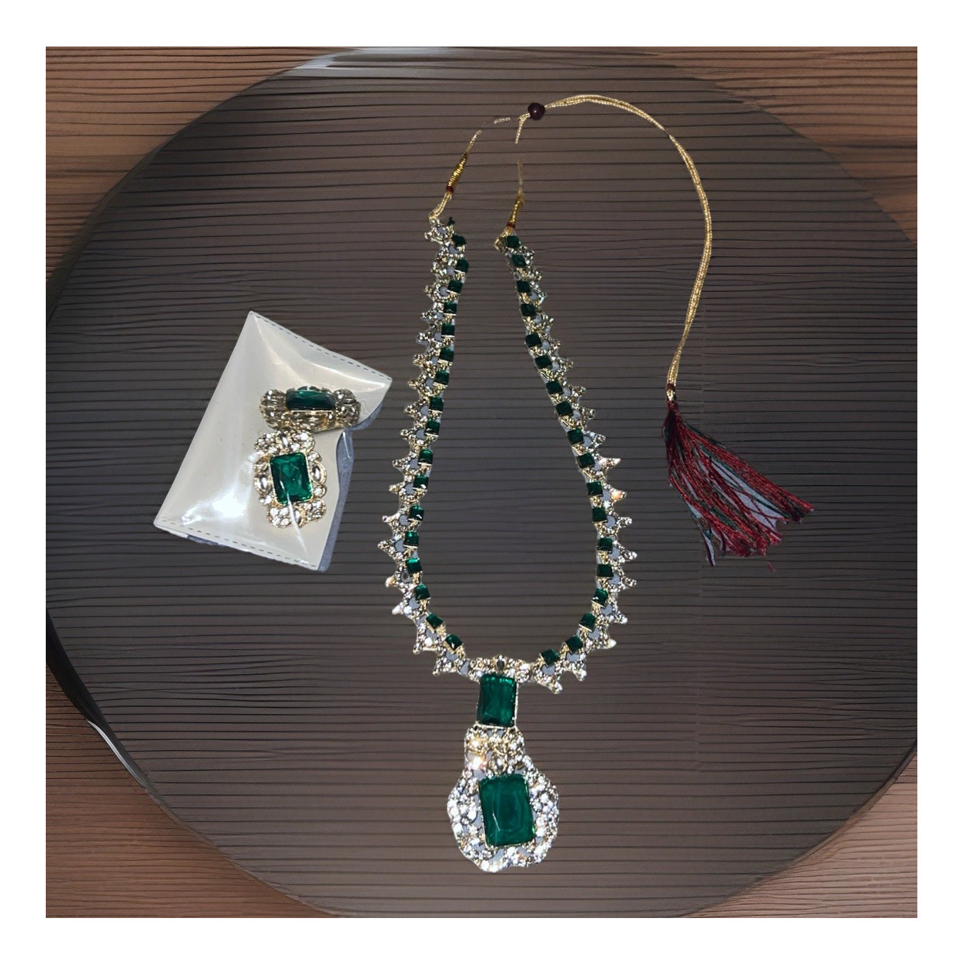 Asian Ethnic Green and Silver Jewelry Set Necklace Ring Rectangular Stone