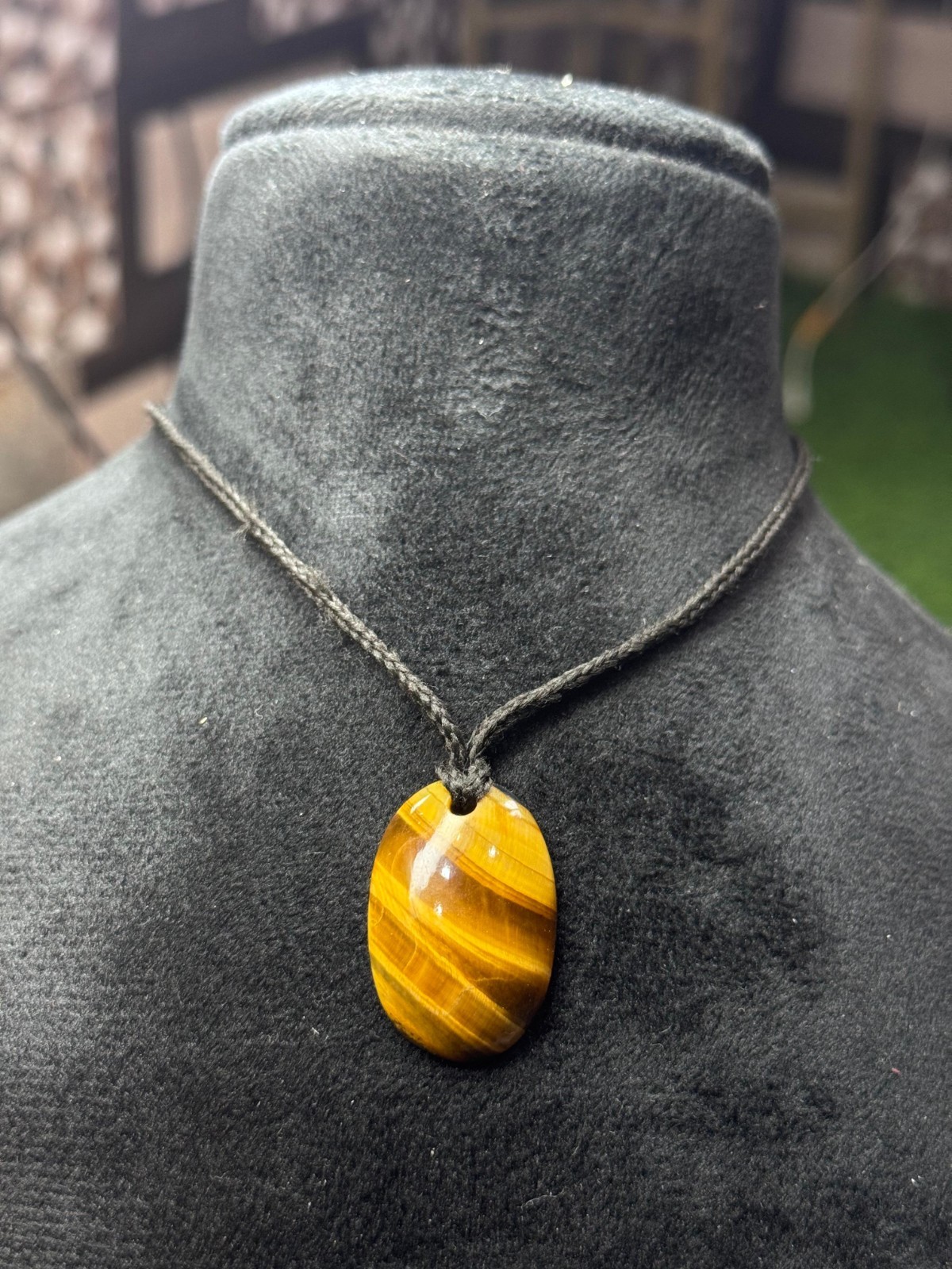 Natural Oval Cut Tiger’s Eye Necklace Handmade Thread Pendant