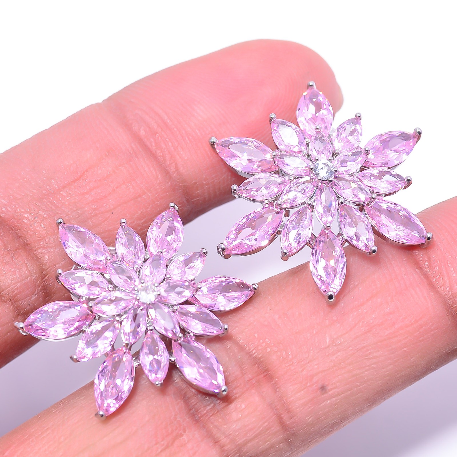 Pink Sapphire – Simulated & CZ 925 Sterling Silver Flower Earring 0.98″ E14