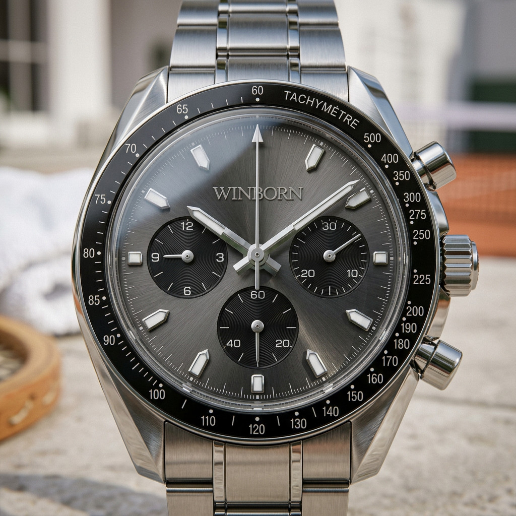 Winborn Grey Dial Chronograph Style Watch Stainless Steel Tachymeter 41mm