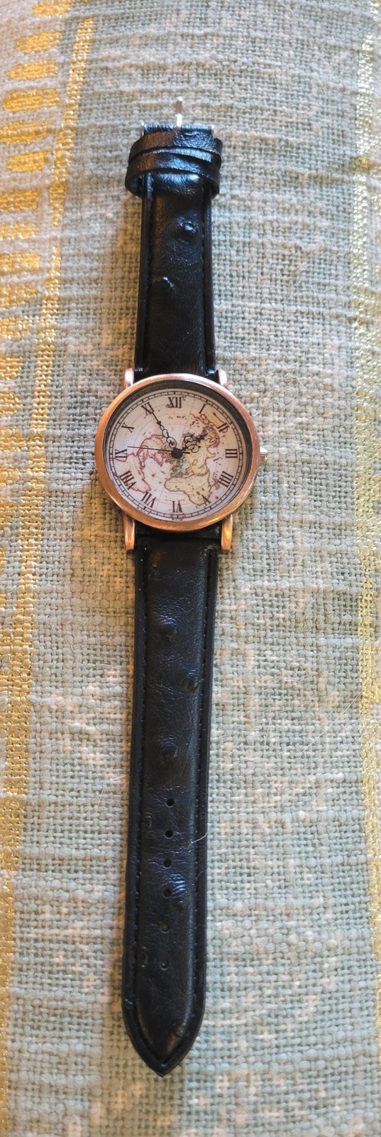 Vintage World Map Watch, Unisex, Black Leather Strap