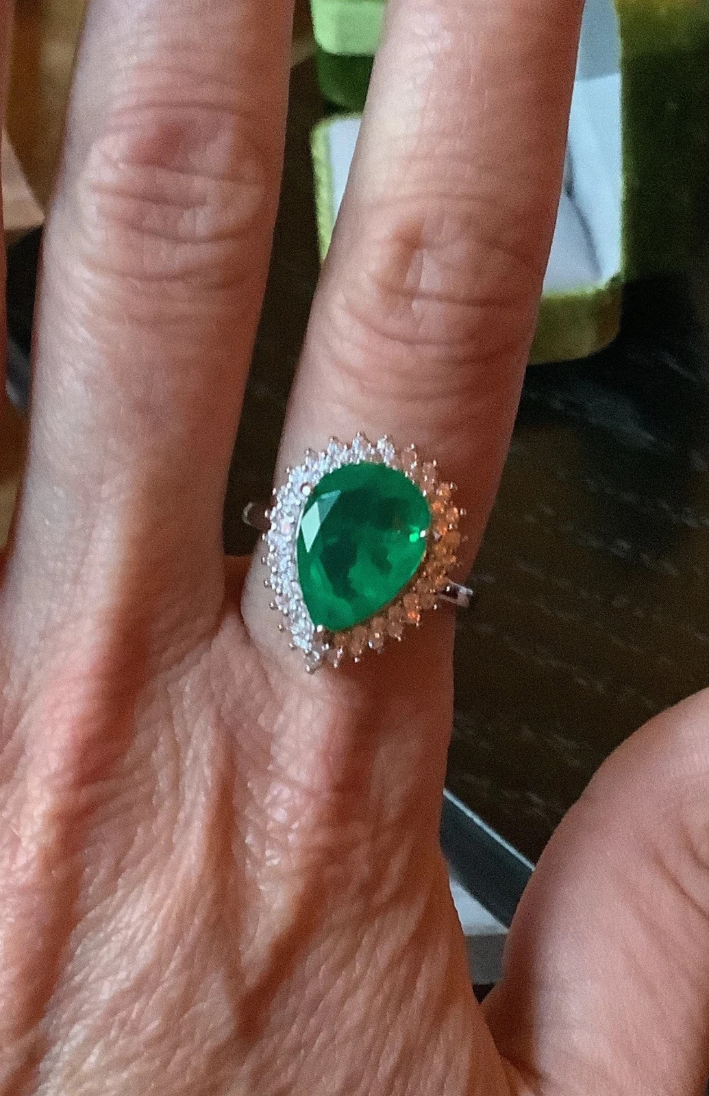 4.70 Ct Pear Cut Natural Emerald & Diamond Ring 14K Solid White Gold Size 7