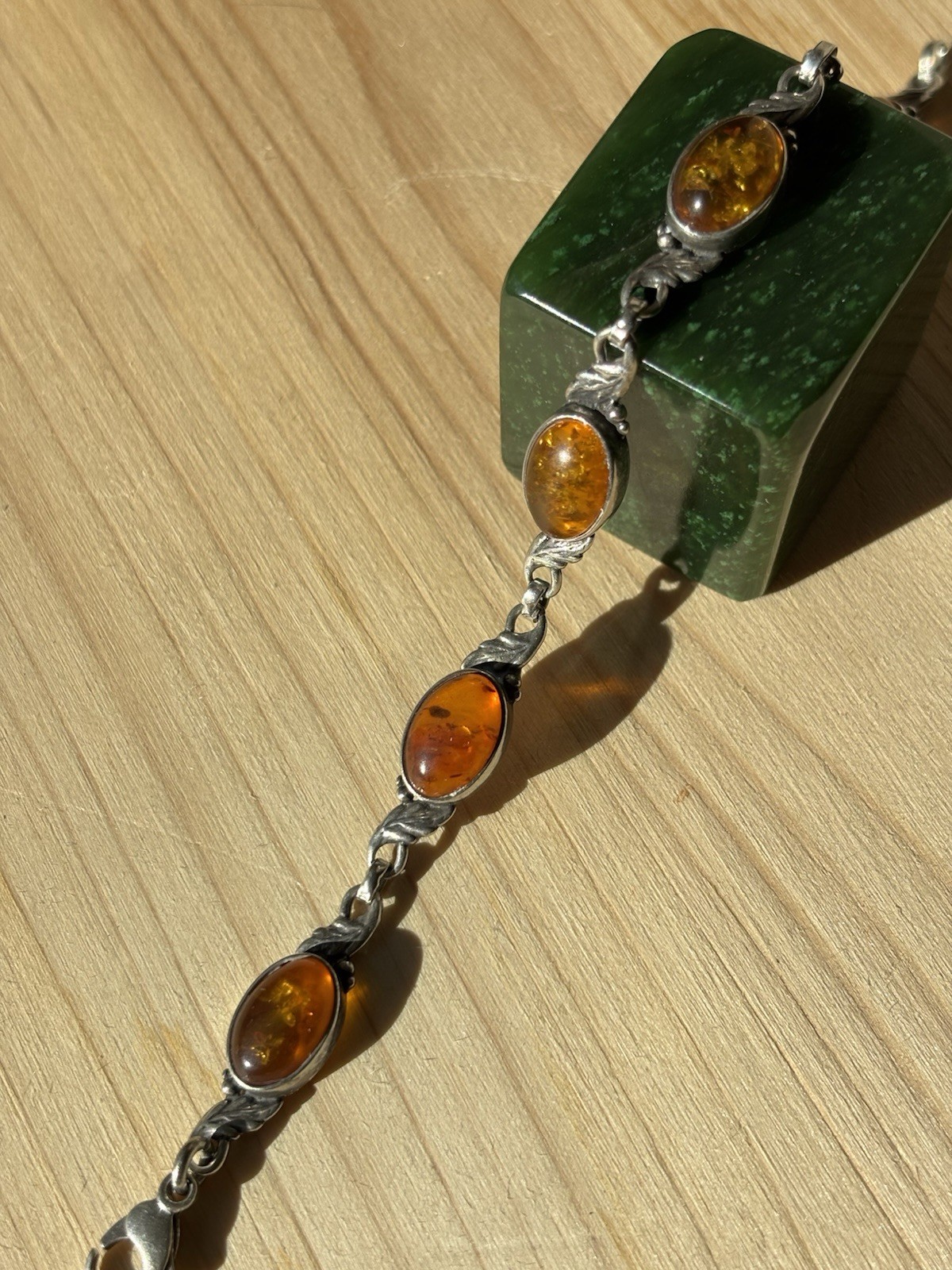 Vtg 925 Sterling Oval Cognac Amber Stones Link Leaf Chain Bracelet 7 Inches 10g