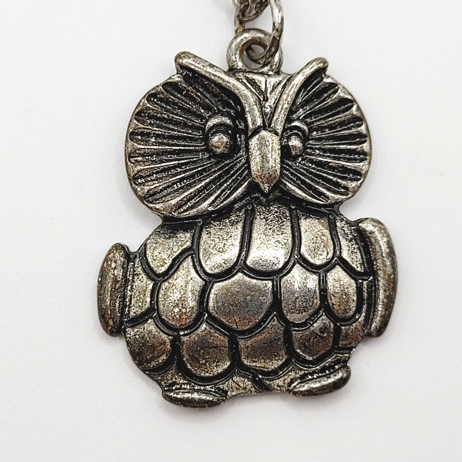 Owl Wise Old Silver Tone Metal and Enamel Vintage Small Pendant Necklace 19 Inch