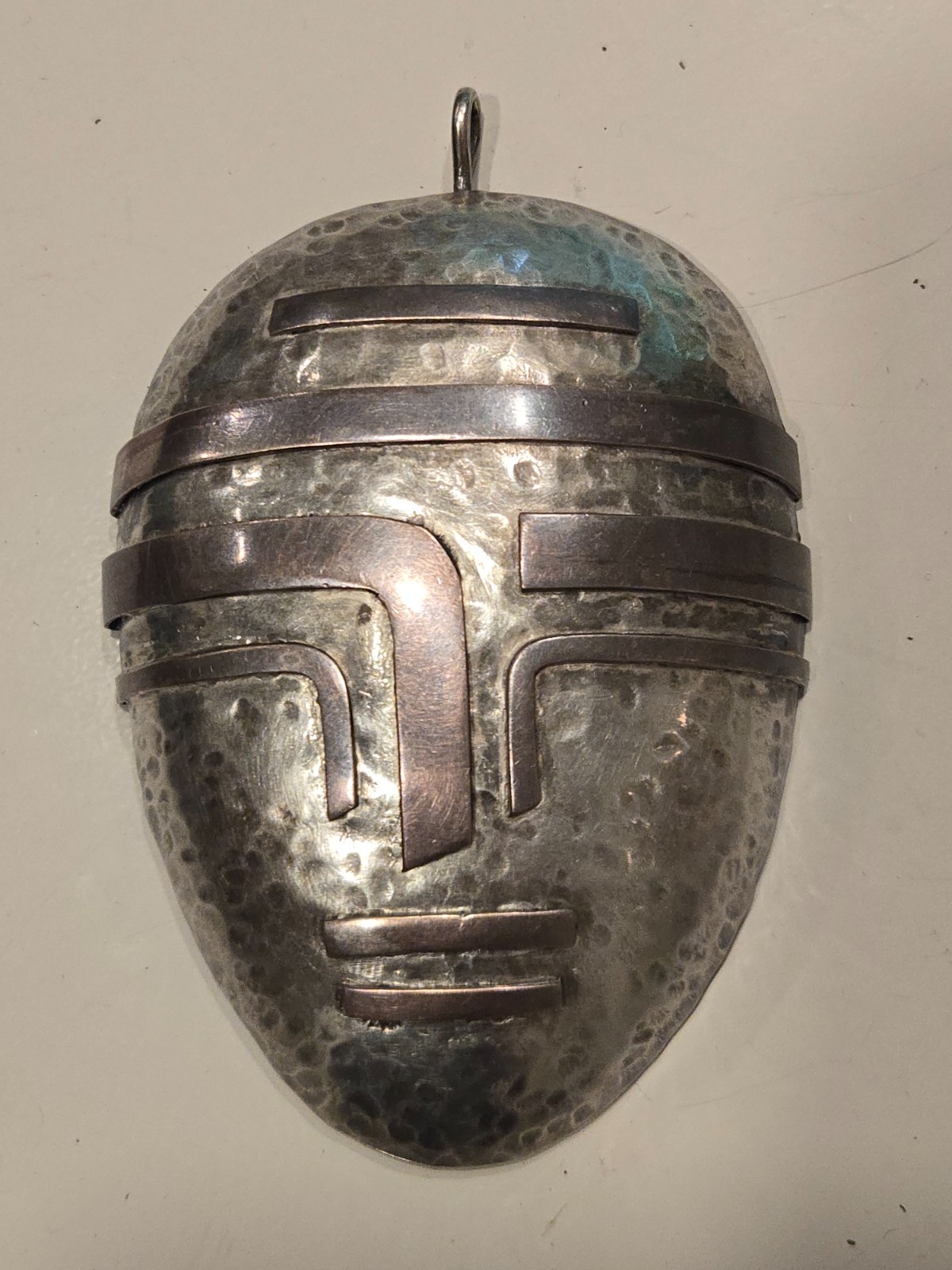 Large MCM Mexico Modernist Copper Silver Hammered Mayan Aztec Mask Pendant