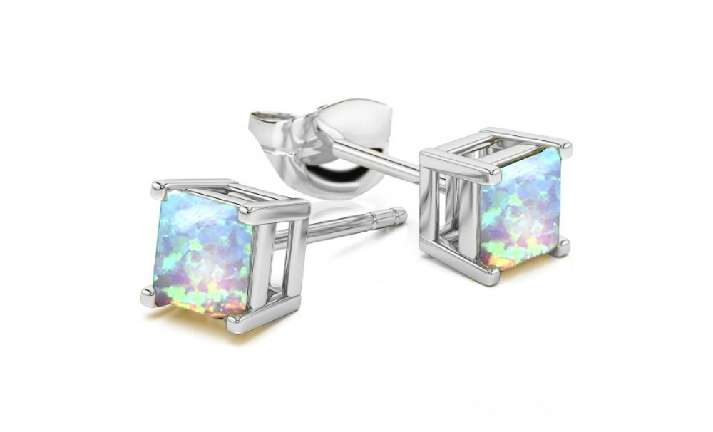 925 Silver Charm Blue & white Fire Opal Square Cut Earrings Stud Women Jewelry
