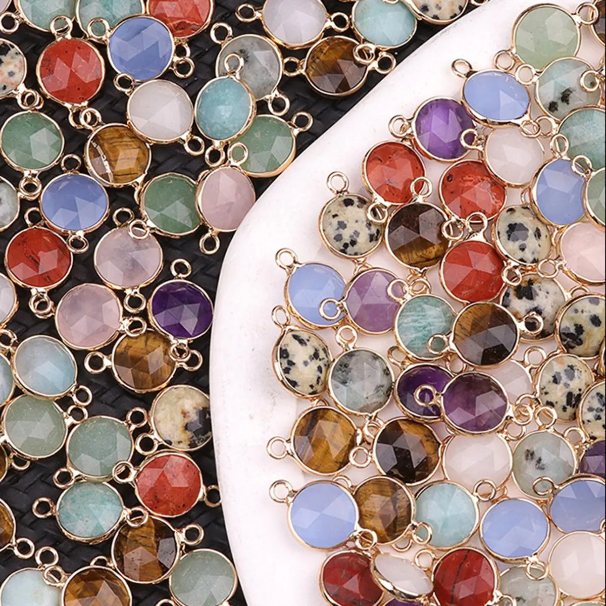 12PC Wholesale 11mm Round Natural Gemstone Connector Gold Charms for DIY Jewelry