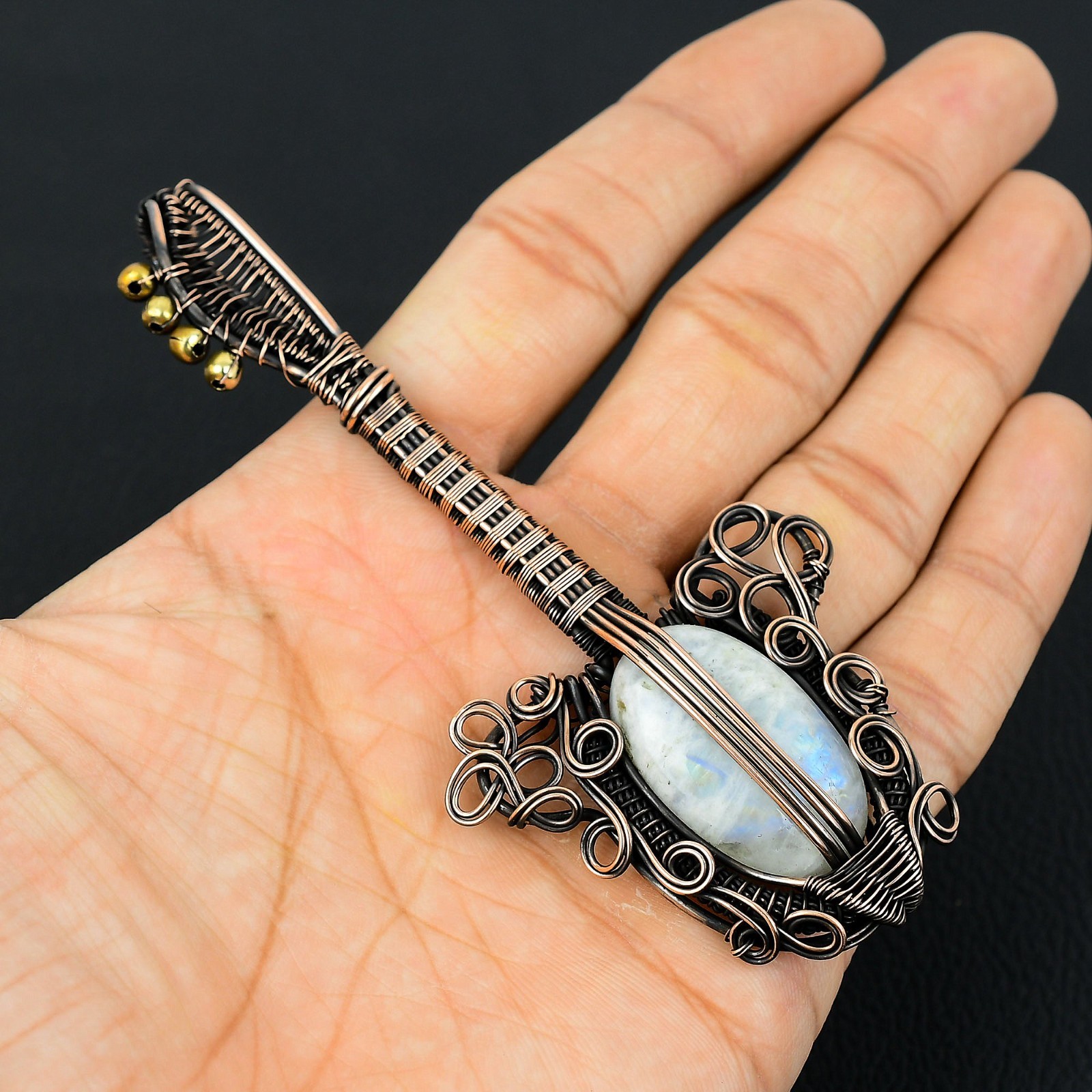 Moonstone Handmade Gemstones Copper Wire Wrapped Guitar Designer Pendant Jewelry