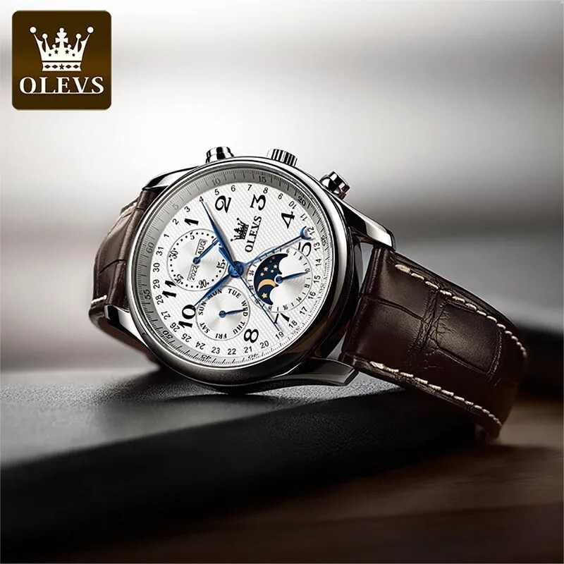 OLEVS Automatic Mechanical Watch Men’s Moon Phase Waterproof Leather Men Strap