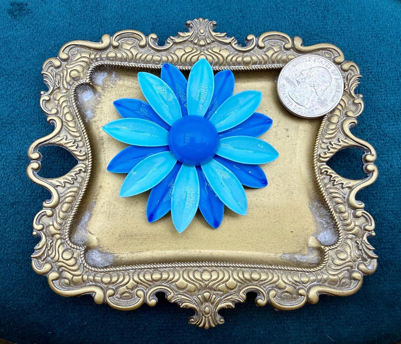 Vintage Enamel Daisy Brooch, Turquoise Cobalt Mod Floral Pin