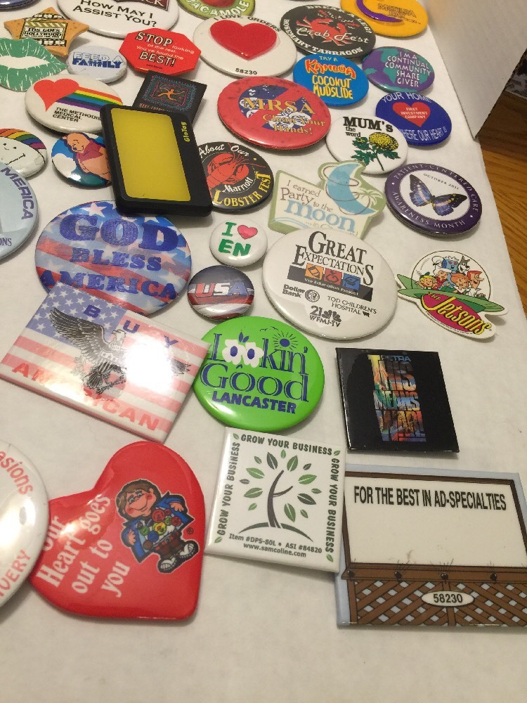 Large Lot Buttons/pins Jetsons Patriotic Misc. Over 60 Buttons