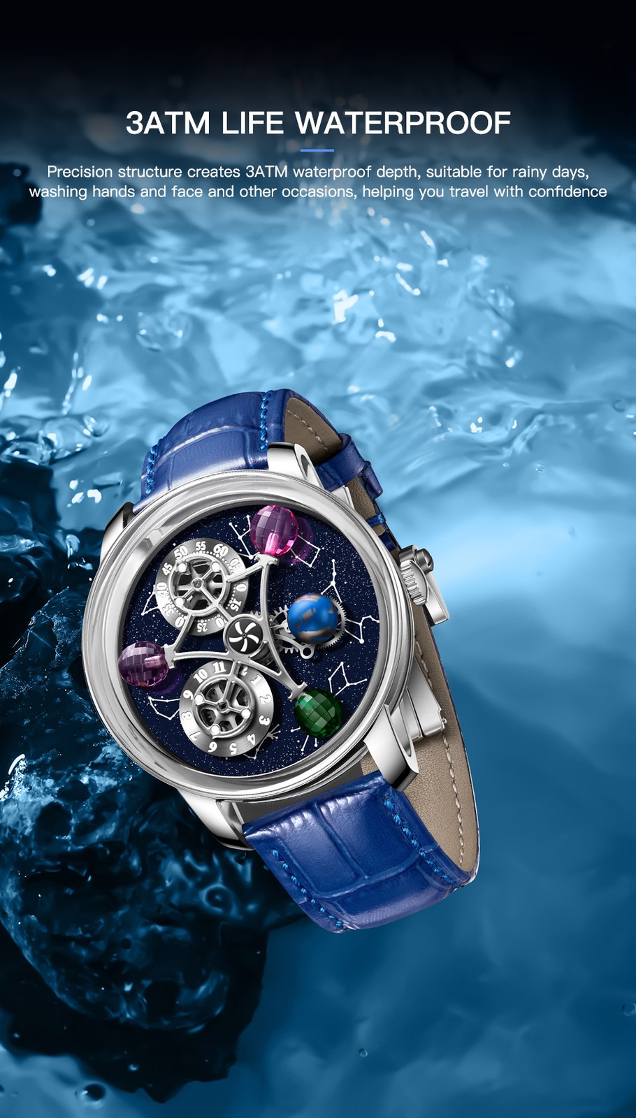 ‌PINDU Men’s Automatic Mechanical Watch Waterproof Leather Strap Unique Starry