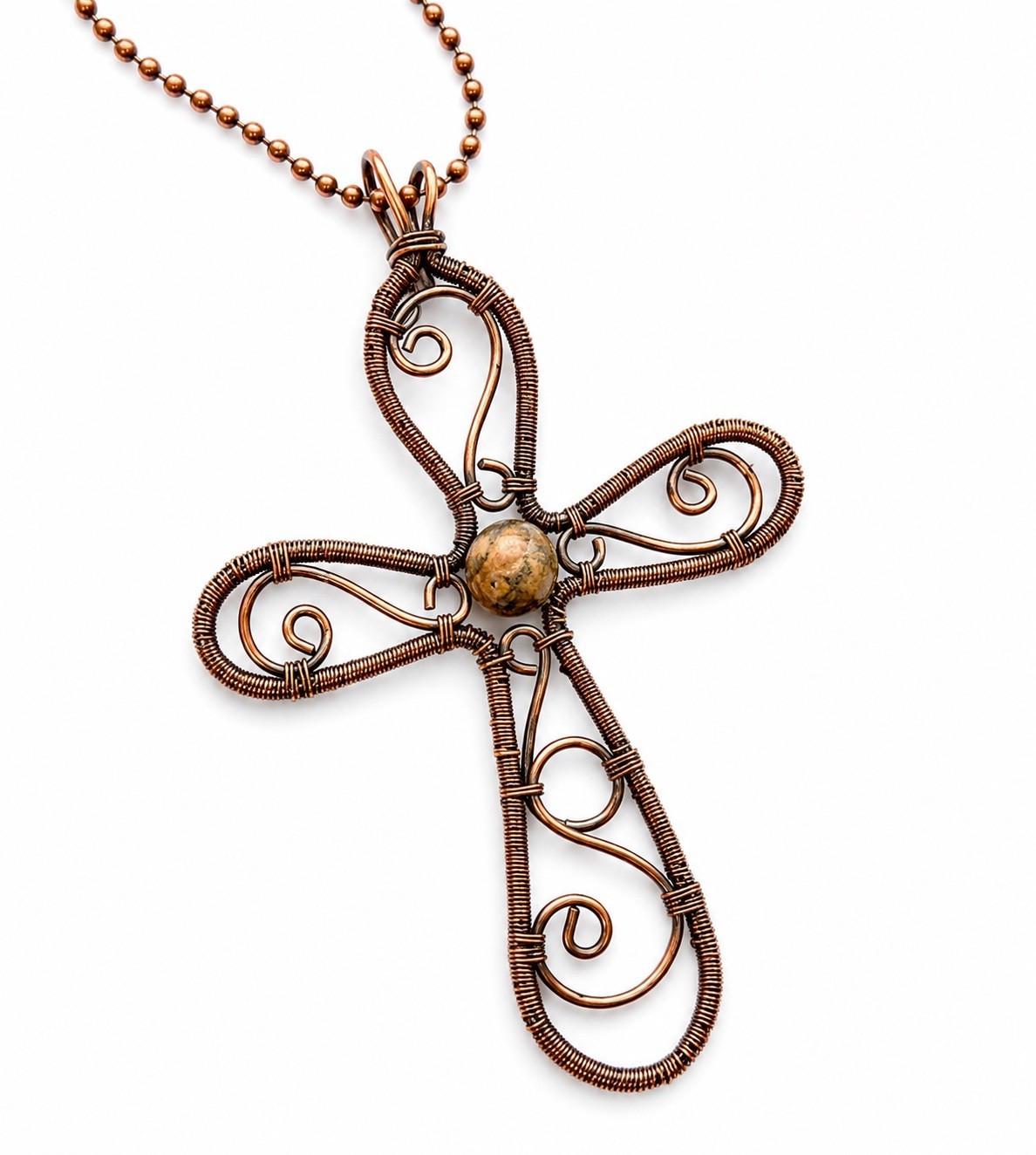 Handmade Copper Wire Wrapped Cross Pendant Necklace w Jasper Bead Artisan Boho