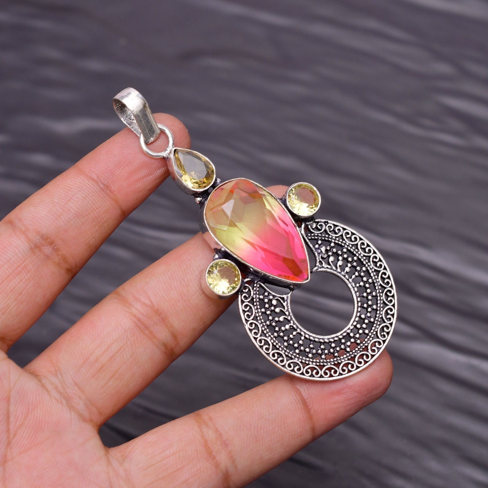 Bi Color Tourmaline Gemstone 925 Sterling Silver Jewelry Pendant 2.99″