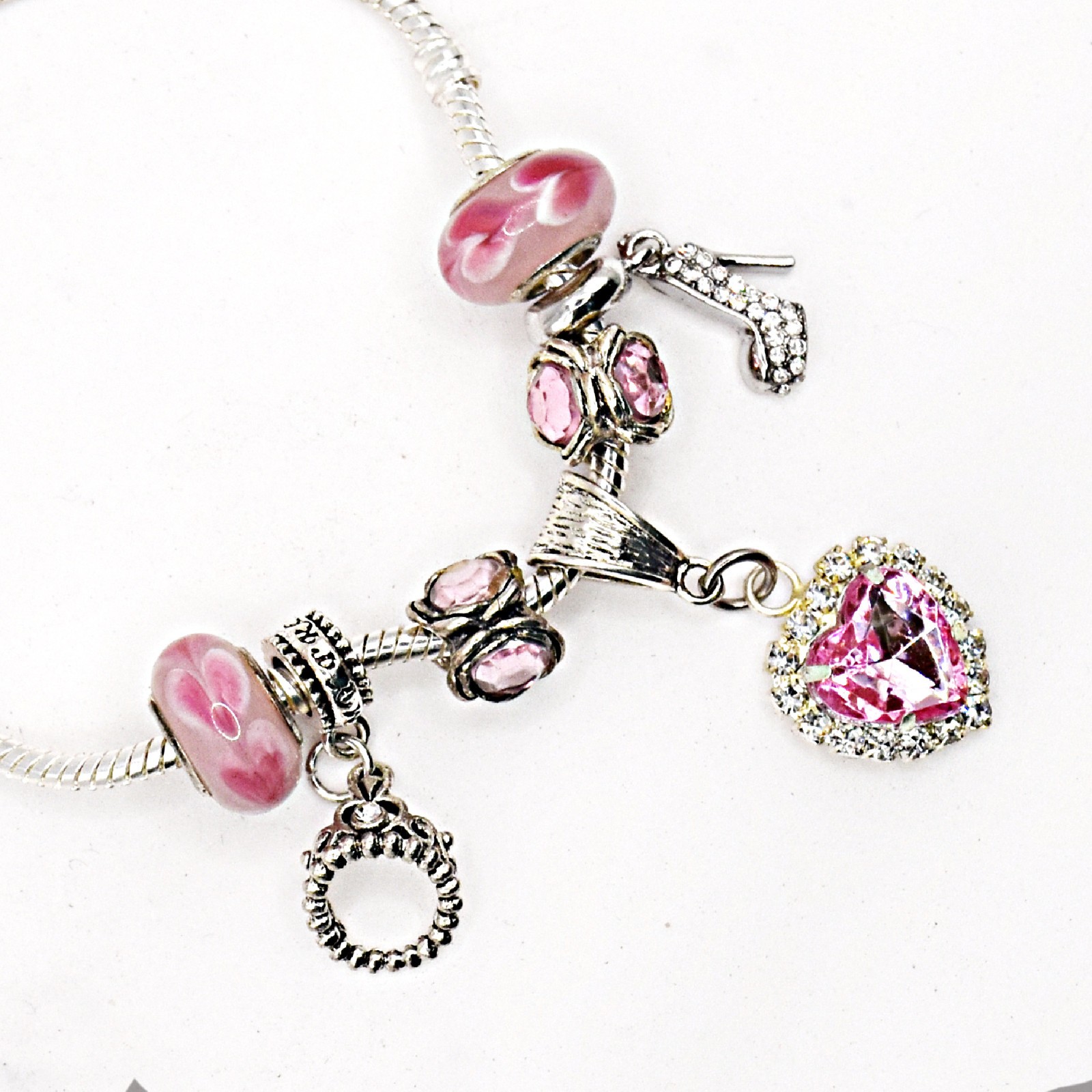 Murano Glass Beads 7 Pieces Pink with Rhinestones 7 Pieces New
