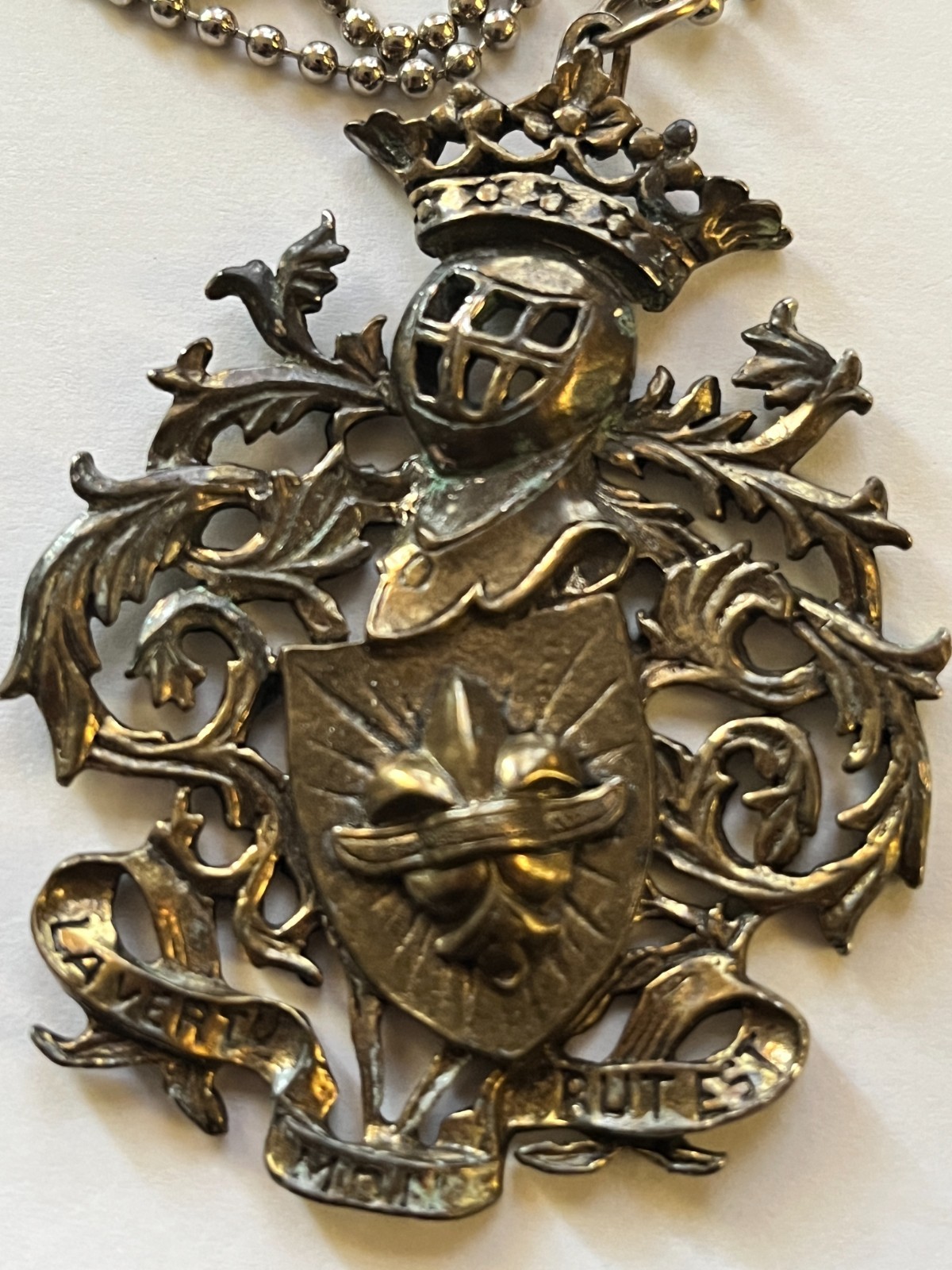 Vintage Coat of Arms Crown Fleur de Lis Shield Pendant Brass/Bronze with Patina