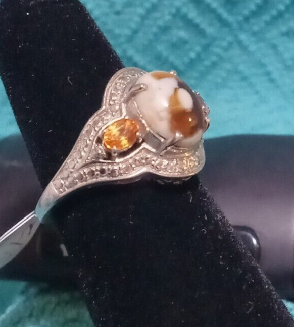 STS Brown-Tan Agate and 2Ambar Gemstone 925 Sterling Silver Ring 5-1/2 (#0037)