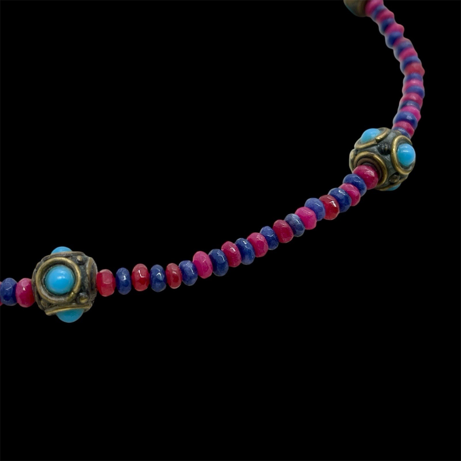 Vtg Nepalese Tibetan Brass Turquoise Glass Cabochon Amethyst Quartz Bead Choker