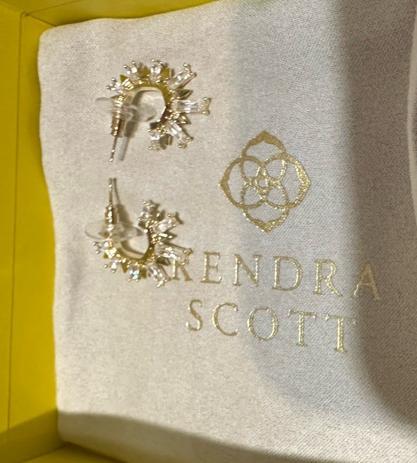 Kendra Scott 14K Gold Over Brass Crystal Hoop Stud Earrings Clear Baguette