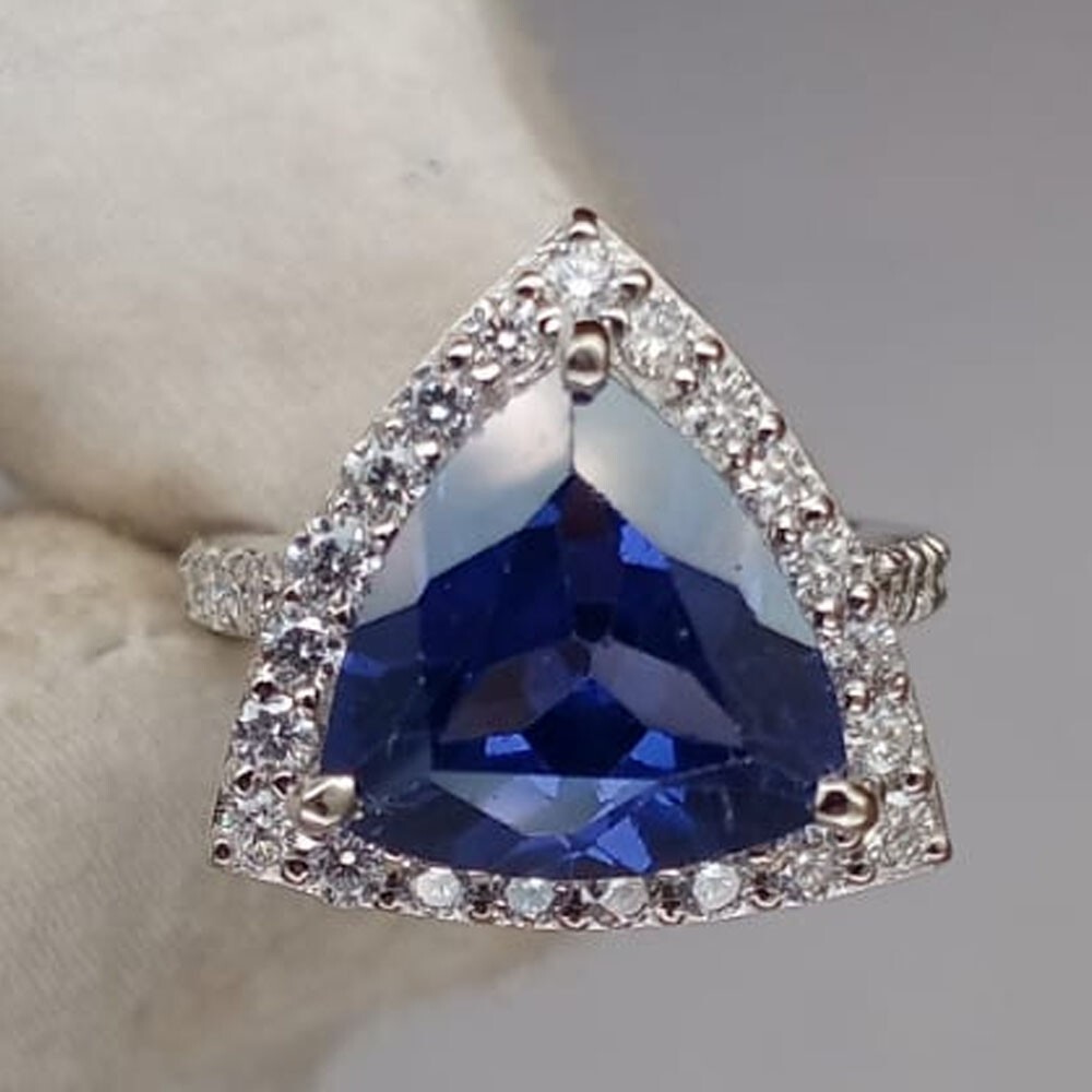 6.80Crt Trillion Cut Natural Tanzanite & Diamond 100% 14k SOLID White Gold Ring