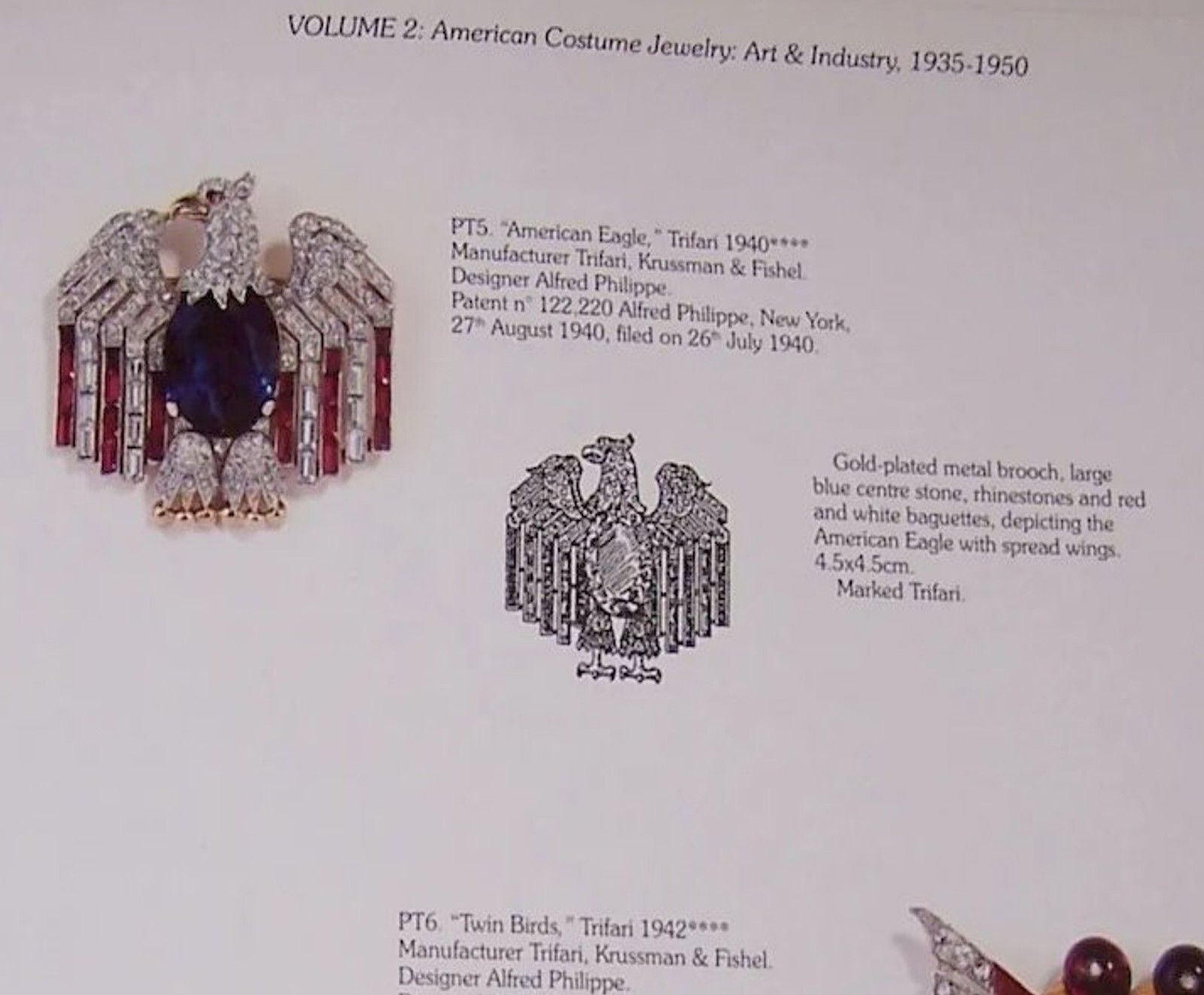TRIFARI Alfred Philippe WW2 US Patriotic Enamel & Cabochon Belly Eagle Pin