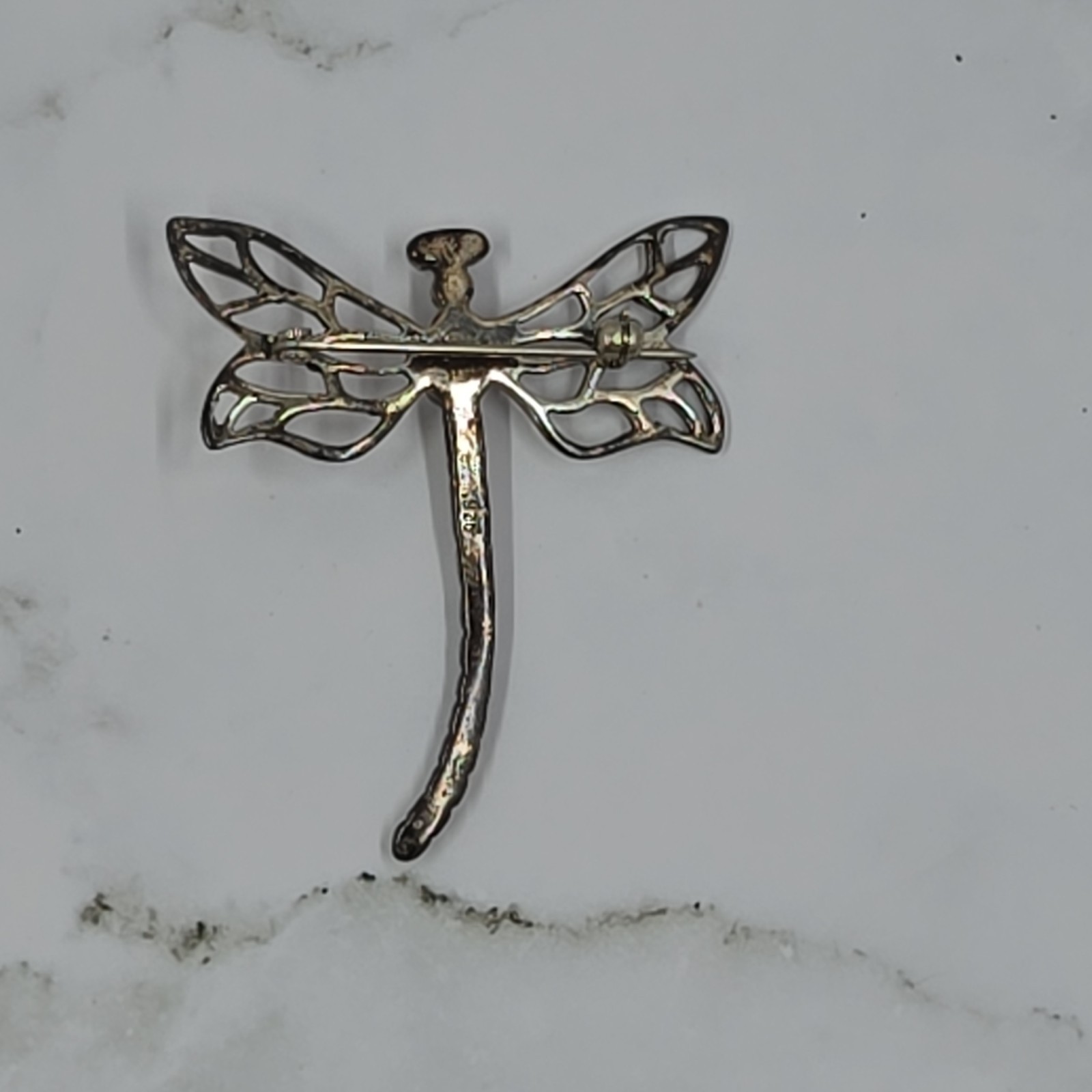 Dragonfly Brooch Pin Silver Tone Metal Clear Oval Rhinestone Center Stone